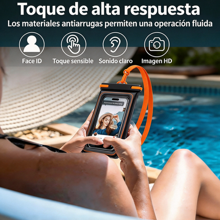 Bolsa impermeable flotante IP68 para celular, funda con relleno de esponja, táctil con cordón para playa y piscina