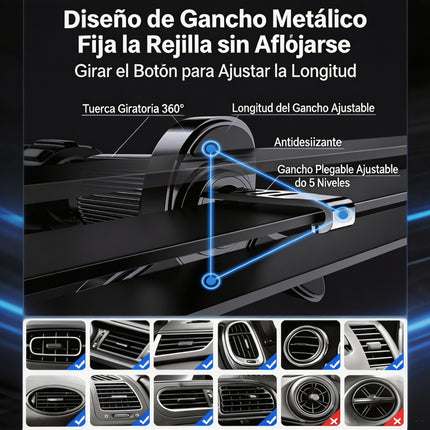 Soporte Magnético para Celular de Ventilación de Auto Coche, Giro 360°, Gancho Metálico Antideslizante Estable