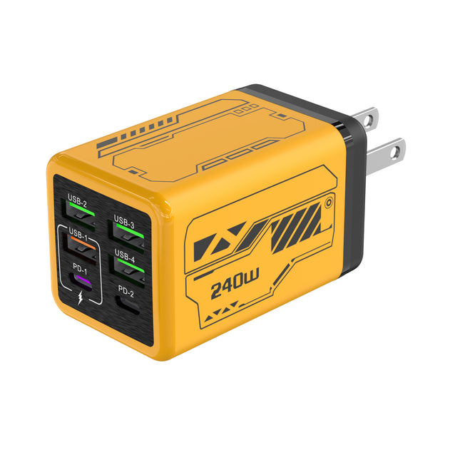 Cargador Múltiples Puertos Para Celulares Universal, 4 USB + 2 PD, Carga Rápida Inteligente, Adaptador de Pared Amarillo Mecha