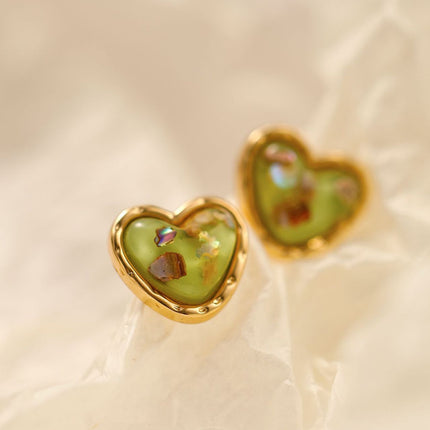 Aretes De Clip Cobre Con Corazón Verde Claro, Diseño Elegante Y Ligero