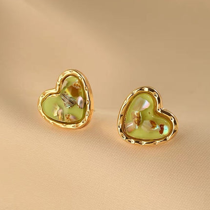 Aretes De Clip Cobre Con Corazón Verde Claro, Diseño Elegante Y Ligero