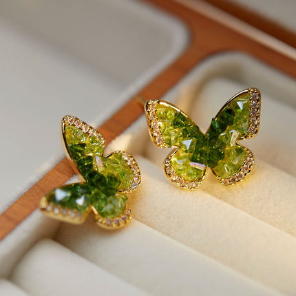 Aretes De Clip Con Mariposa De Cristal Verde Elegante Diseño En Cobre
