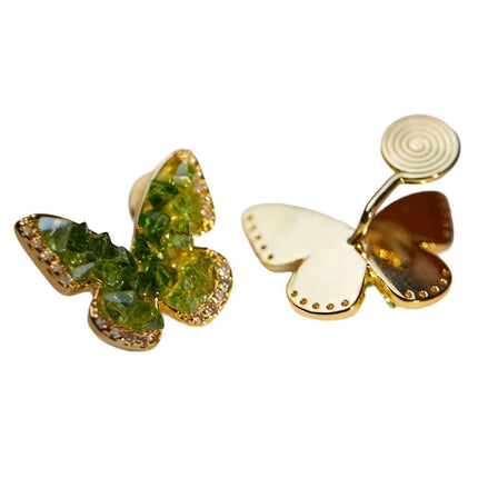 Aretes De Clip Con Mariposa De Cristal Verde Elegante Diseño En Cobre