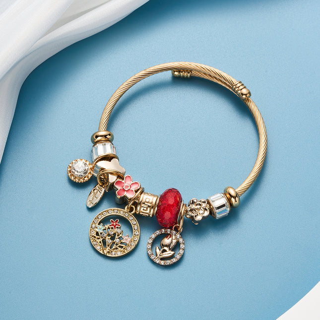 Pulsera Brazalete Dorada Con Colgantes De Flor Y Circonita Brillante