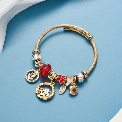 Pulsera Brazalete Dorada Con Colgantes De Flor Y Circonita Brillante