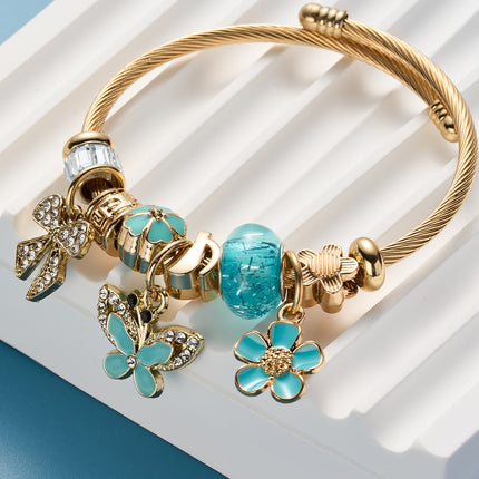 Pulsera De Acero Inoxidable Con Colgantes De Mariposa Azul Y Flores