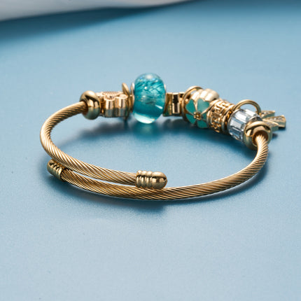 Pulsera De Acero Inoxidable Con Colgantes De Mariposa Azul Y Flores