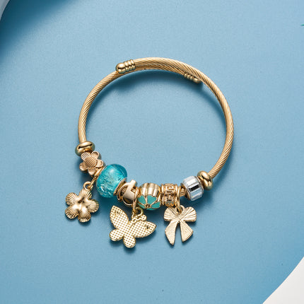 Pulsera De Acero Inoxidable Con Colgantes De Mariposa Azul Y Flores