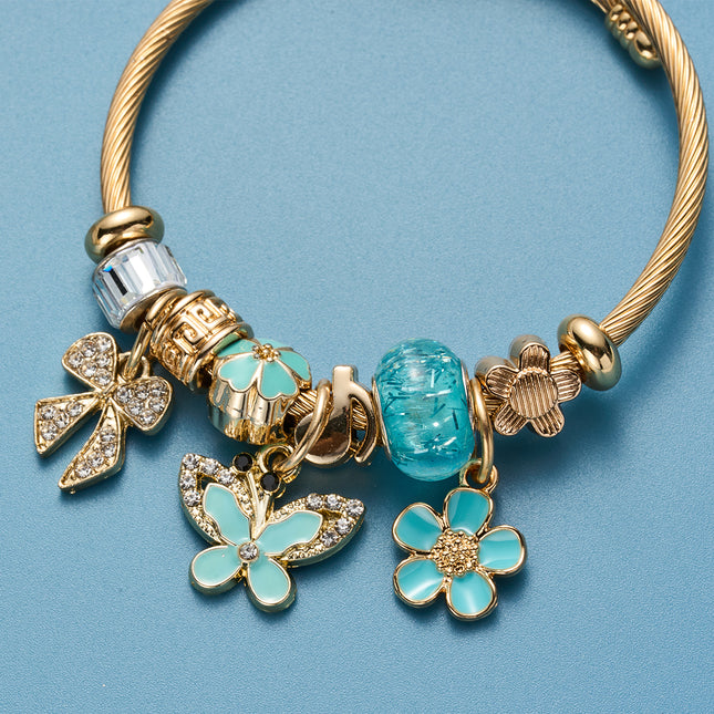 Pulsera De Acero Inoxidable Con Colgantes De Mariposa Azul Y Flores