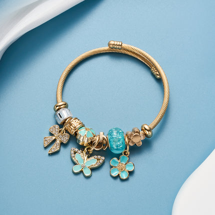 Pulsera De Acero Inoxidable Con Colgantes De Mariposa Azul Y Flores
