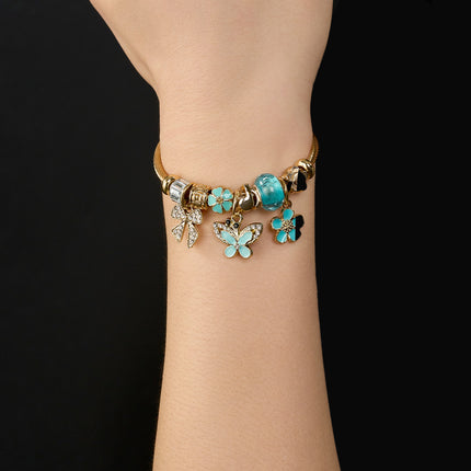 Pulsera De Acero Inoxidable Con Colgantes De Mariposa Azul Y Flores