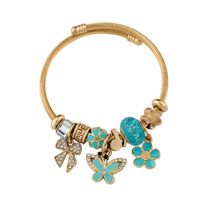 Pulsera De Acero Inoxidable Con Colgantes De Mariposa Azul Y Flores