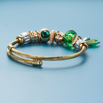 Pulsera Con Colgantes De Trébol, Flores Y Elementos Verdes Acero Inoxidable