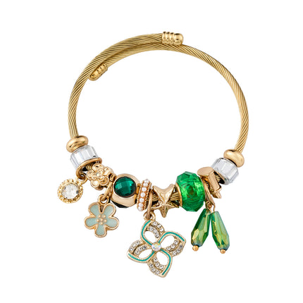 Pulsera Con Colgantes De Trébol, Flores Y Elementos Verdes Acero Inoxidable