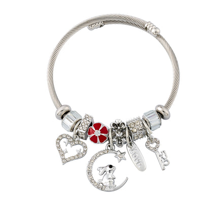 Pulsera Brazalete Acero Con Colgantes De Luna, Conejo, Corazón Y Llave