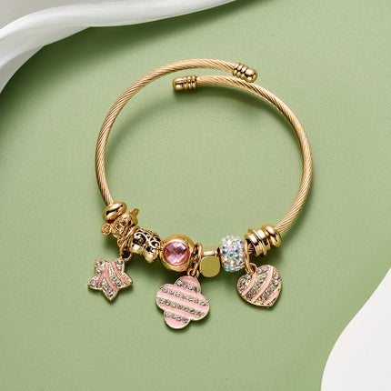 Pulsera Dorada De Acero Inoxidable Con Colgantes De Trébol Rosa