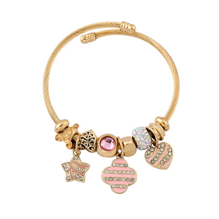 Pulsera Dorada De Acero Inoxidable Con Colgantes De Trébol Rosa
