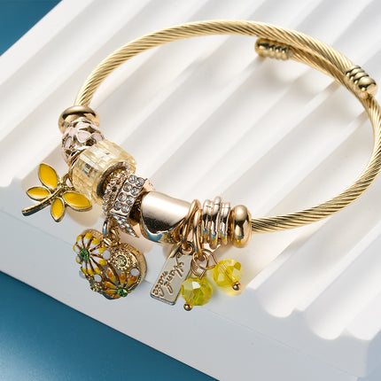 Pulsera Brazalete De Acero Inoxidable Con Colgantes De Mariposa Amarilla