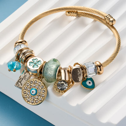 Pulsera Brazalete De Acero Dorada Con Ojo Del Diablo Con Circon