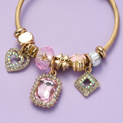 Pulsera Brazalete Con Cristal Rosa, Corazón Doble Con Zirconia Románticos