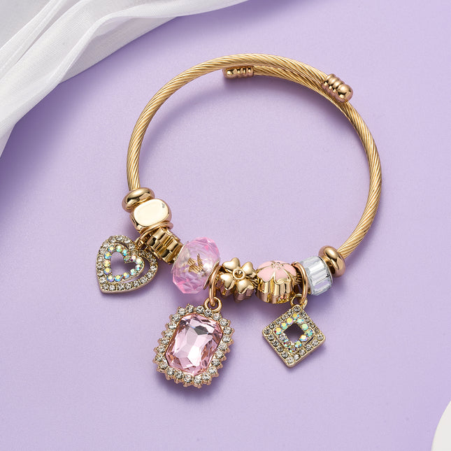 Pulsera Brazalete Con Cristal Rosa, Corazón Doble Con Zirconia Románticos