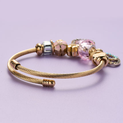 Pulsera Brazalete Con Cristal Rosa, Corazón Doble Con Zirconia Románticos
