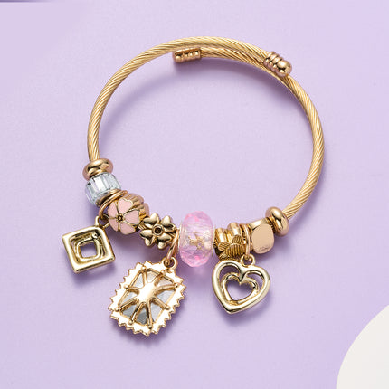 Pulsera Brazalete Con Cristal Rosa, Corazón Doble Con Zirconia Románticos