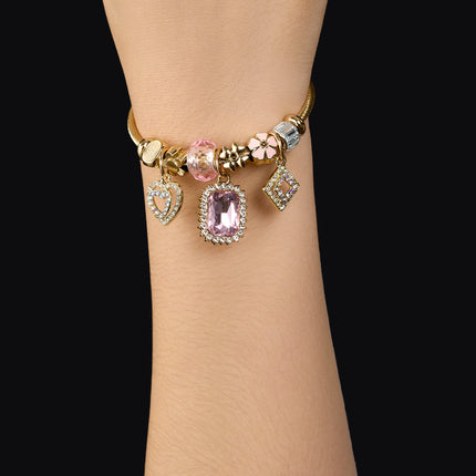 Pulsera Brazalete Con Cristal Rosa, Corazón Doble Con Zirconia Románticos