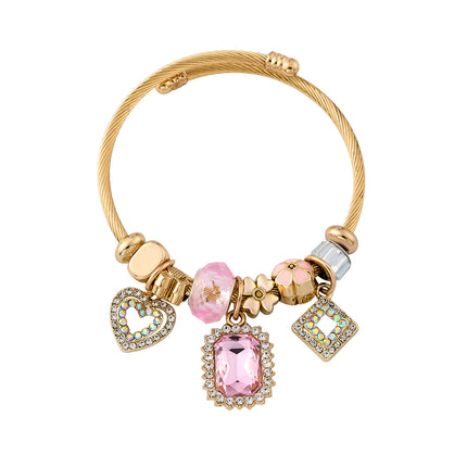 Pulsera Brazalete Con Cristal Rosa, Corazón Doble Con Zirconia Románticos