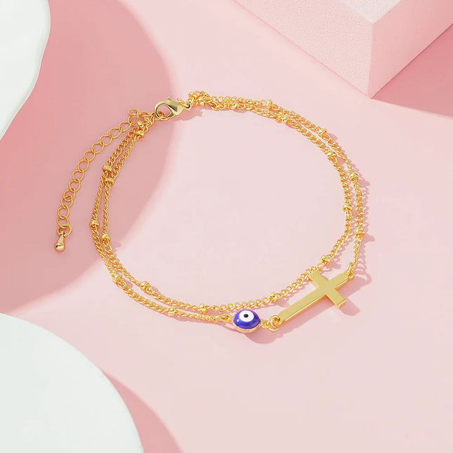Tobillera Cadena De Doble Capa Con Cruz De Ojo Del Diablo De Gemas Artificiales Chapada