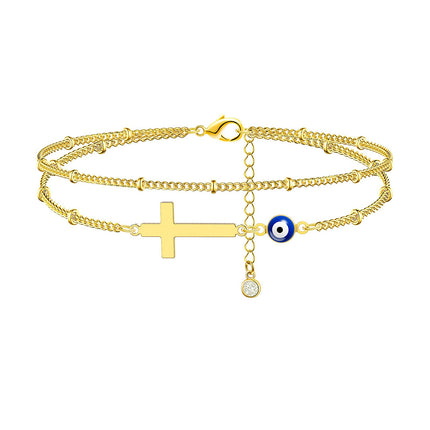 Tobillera Cadena De Doble Capa Con Cruz De Ojo Del Diablo De Gemas Artificiales Chapada