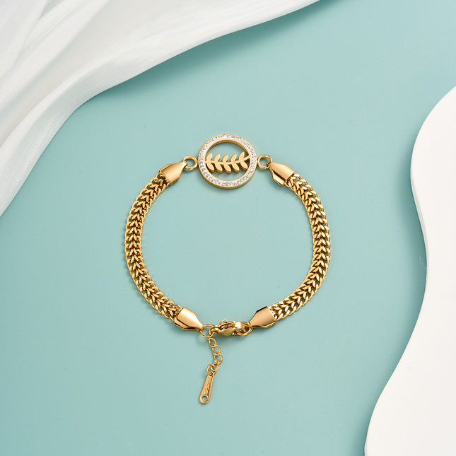 Pulsera De Cadena Elegante Con Colgante Redondo De Hoja Y Zirconias