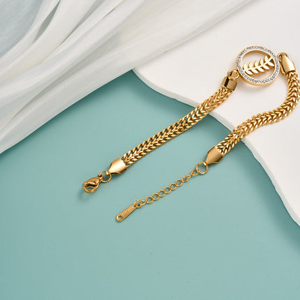 Pulsera De Cadena Elegante Con Colgante Redondo De Hoja Y Zirconias