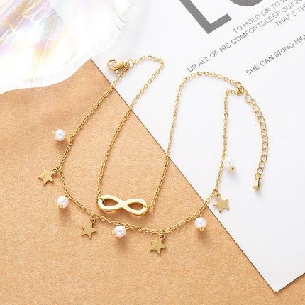 Tobillera Cadena De Doble Capa Con Estrellas Y Bolas De Acero Titanio De 18K Para Mujer