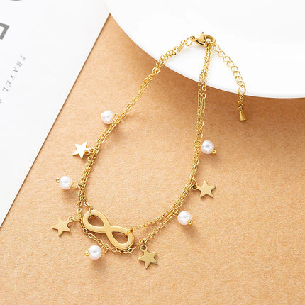 Tobillera Cadena De Doble Capa Con Estrellas Y Bolas De Acero Titanio De 18K Para Mujer