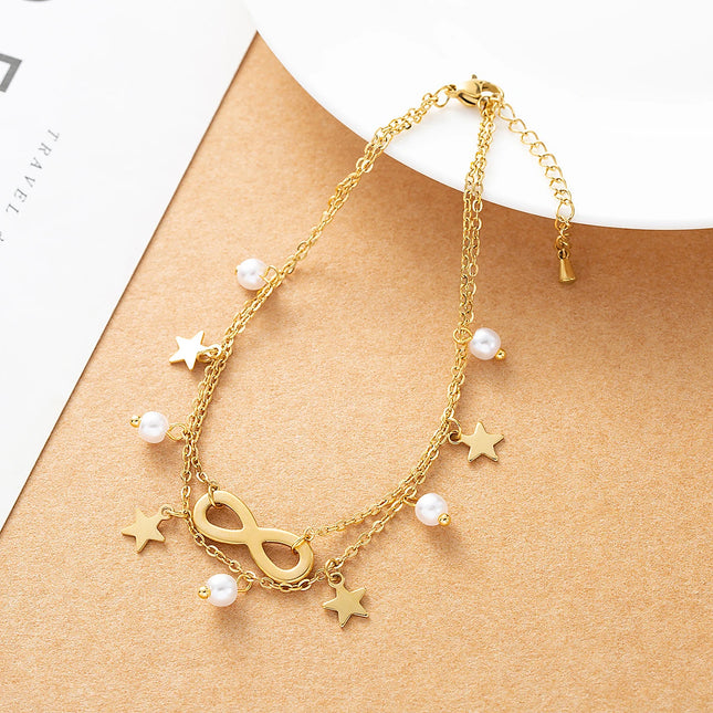 Tobillera Cadena De Doble Capa Con Estrellas Y Bolas De Acero Titanio De 18K Para Mujer