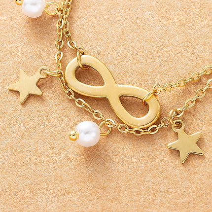 Tobillera Cadena De Doble Capa Con Estrellas Y Bolas De Acero Titanio De 18K Para Mujer