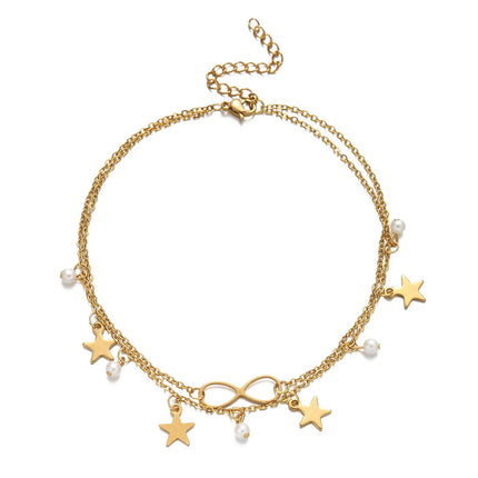 Tobillera Cadena De Doble Capa Con Estrellas Y Bolas De Acero Titanio De 18K Para Mujer