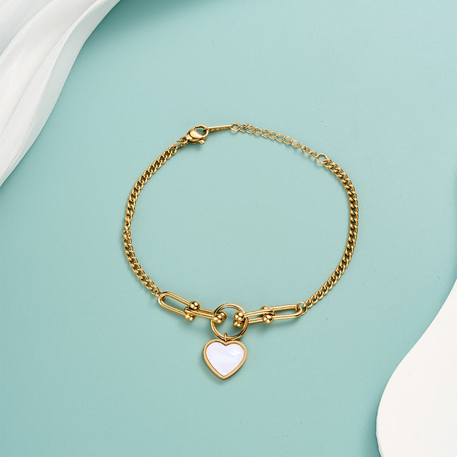 Pulsera De Cadena De Acero Inoxidable Con Colgante De Corazón Blanco