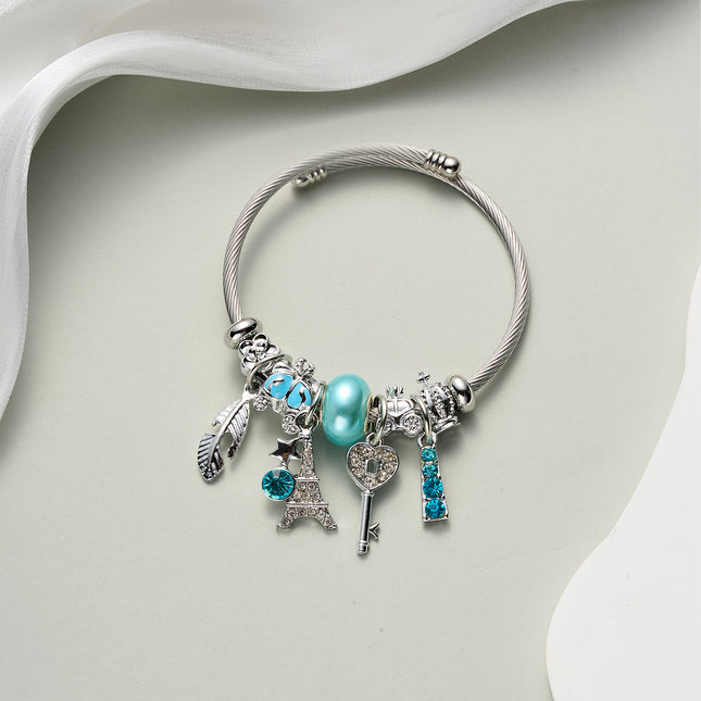 Pulsera Brazalete De Acero Inoxidable Plateado Con Colgantes Diferente