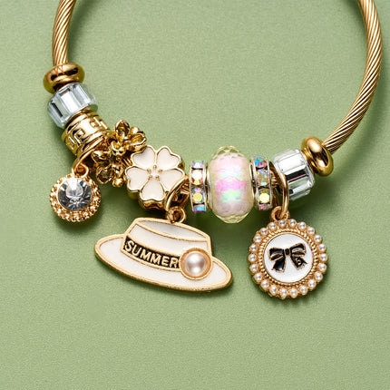 Pulsera De Acero Inoxidable Dorado Con Colgante De Sombrero Blanco Elegante