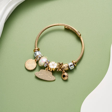 Pulsera De Acero Inoxidable Dorado Con Colgante De Sombrero Blanco Elegante