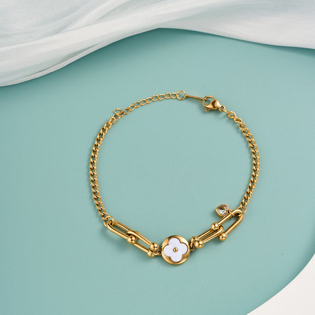 Pulsera De Acero Inoxidable De Cadena Con Colgante De Flor Blanca