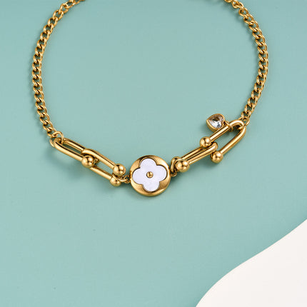 Pulsera De Acero Inoxidable De Cadena Con Colgante De Flor Blanca