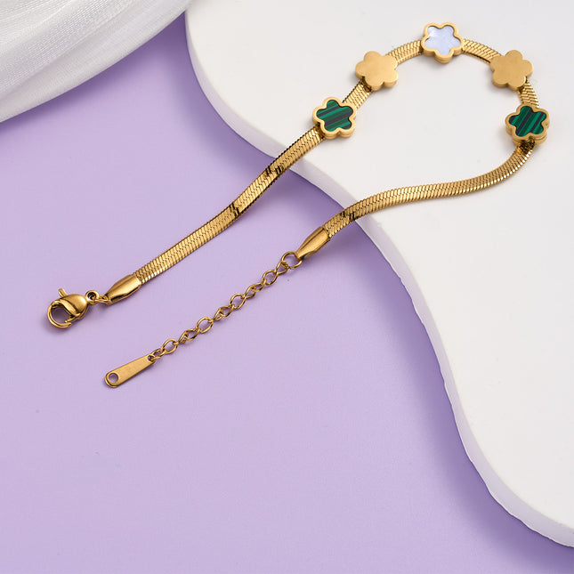 Pulsera De Acero Inoxidable Cadena De Dorada Con Flores De Tres Colores