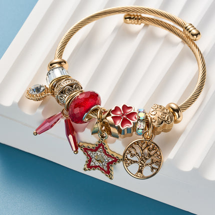 Pulsera Brazalete Dorado Con Colgantes Rojos Estrella Y Árbol De La Vida