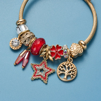 Pulsera Brazalete Dorado Con Colgantes Rojos Estrella Y Árbol De La Vida