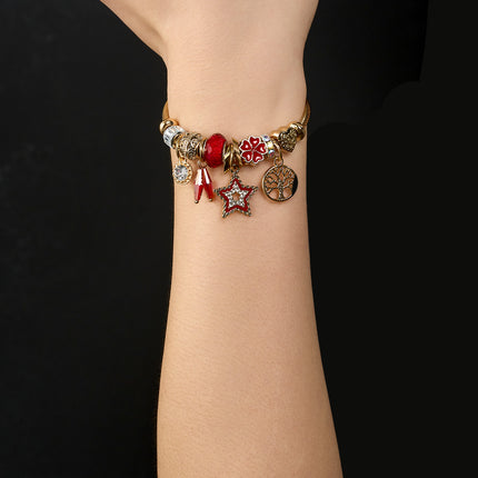 Pulsera Brazalete Dorado Con Colgantes Rojos Estrella Y Árbol De La Vida