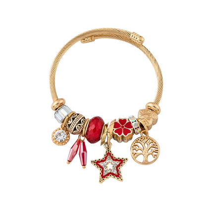 Pulsera Brazalete Dorado Con Colgantes Rojos Estrella Y Árbol De La Vida