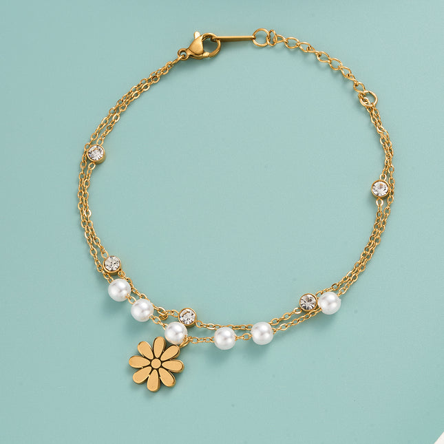 Pulsera De Acero Inoxidable Con Perlas Y Detalles De Flor De Margarita